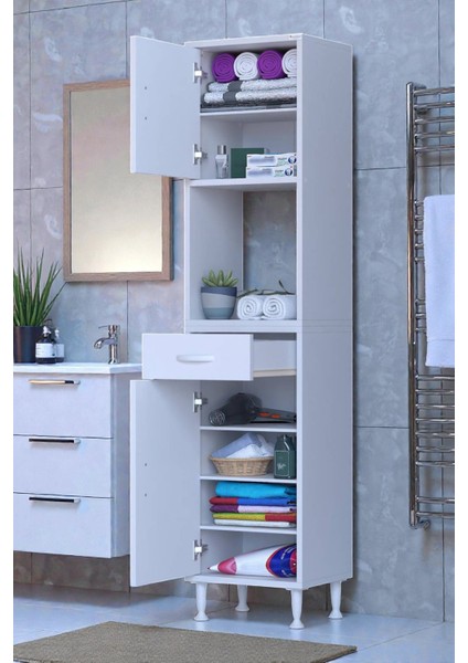 Aria 2 Kapak 4 Raflı 35 cm Beyaz Dolap 35X173X32,5 cm Boyutlarında Çok Amaçlı Beyaz Dolap