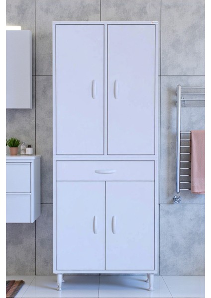 Line Beyaz 55 cm Banyo Dolabı Çok Bölmeli Banyo Düzenleyici Dolap 4 Kapaklı 4 Raflı 55X173X32,5 cm