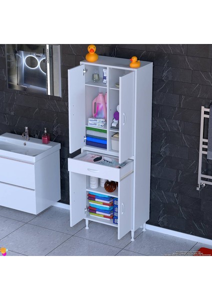 Line Beyaz 55 cm Banyo Dolabı Çok Bölmeli Banyo Düzenleyici Dolap 4 Kapaklı 4 Raflı 55X173X32,5 cm indirimleri