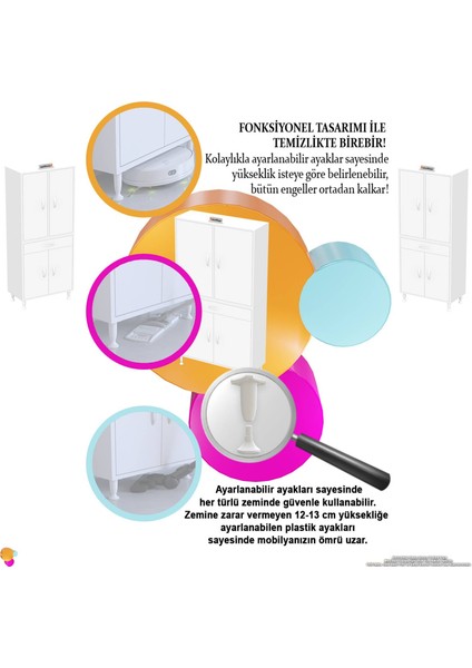 Line Beyaz 55 cm Banyo Dolabı Çok Bölmeli Banyo Düzenleyici Dolap 4 Kapaklı 4 Raflı 55X173X32,5 cm