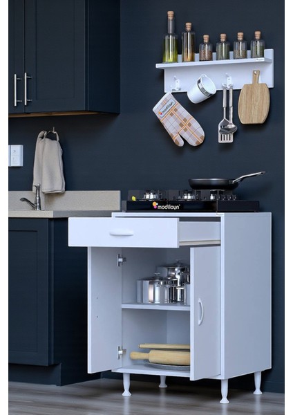 Liva Baharat Raflı 60 cm Çekmeceli Ankastre Mutfak Dolabı Çok Amaçlı Dolap 60X88X48 cm Beyaz Dolap