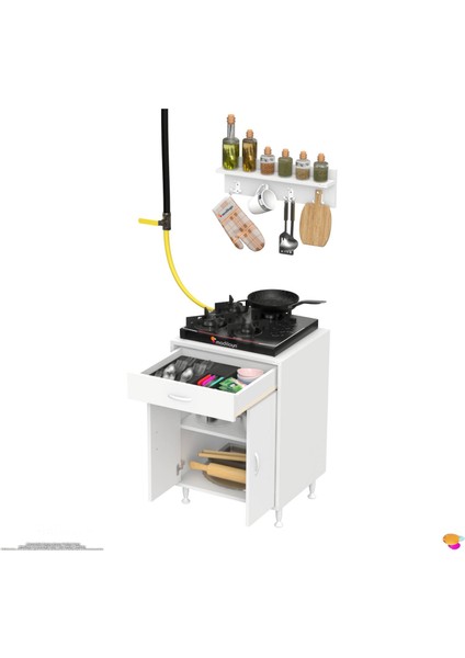 Liva Baharat Raflı 60 cm Çekmeceli Ankastre Mutfak Dolabı Çok Amaçlı Dolap 60X88X48 cm Beyaz Dolap