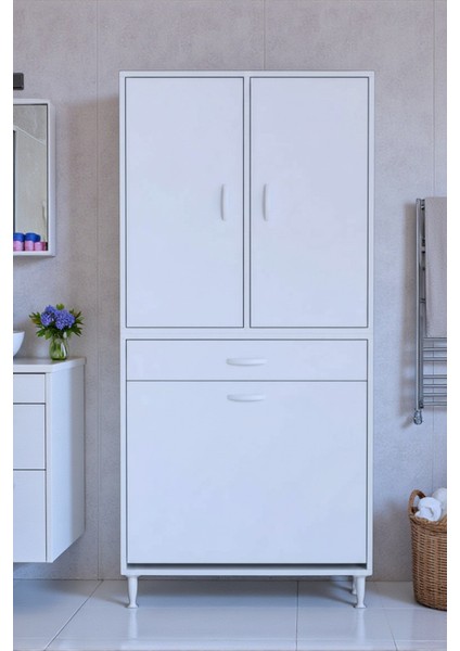 Wall Beyaz Banyo Dolabı 65 cm Tek Göz Bölmeli Sepet 65X171X32,5 cm 4 Raflı Mutfak/banyo Dolabı