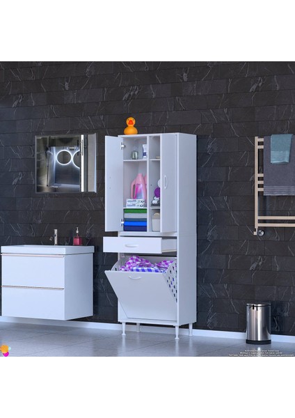 Wall Beyaz Banyo Dolabı 65 cm Tek Göz Bölmeli Sepet 65X171X32,5 cm 4 Raflı Mutfak/banyo Dolabı modelleri