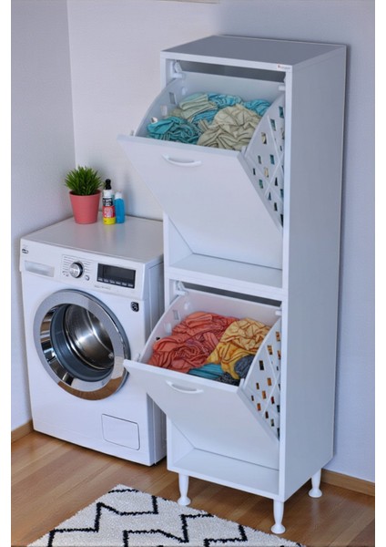 Veluna 35 cm Kirli Çamaşır Sepetli Dolap Banyo Dolabı Beyaz 35X173X32,5 cm 2 Sepetli Dolap