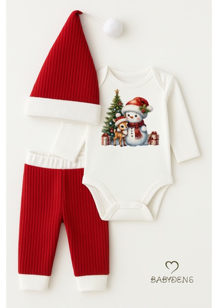 Bebek Yılbaşı Noel Kıyafeti 3’lü Takımı Snowman Baskılı Body,kırmızı Fitilli Pantolon,noel Şapkası fiyatları