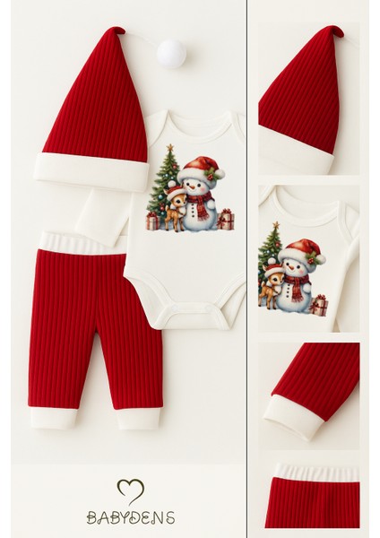 Bebek Yılbaşı Noel Kıyafeti 3’lü Takımı Snowman Baskılı Body,kırmızı Fitilli Pantolon,noel Şapkası modelleri