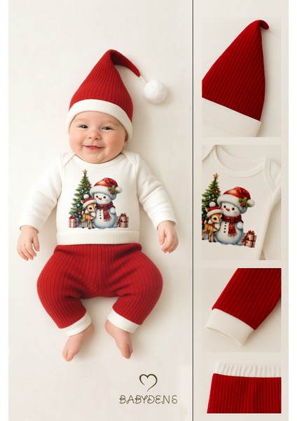Bebek Yılbaşı Noel Kıyafeti 3’lü Takımı Snowman Baskılı Body,kırmızı Fitilli Pantolon,noel Şapkası fırsatları