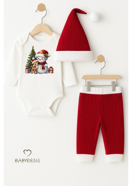 Bebek Yılbaşı Noel Kıyafeti 3’lü Takımı Snowman Baskılı Body,kırmızı Fitilli Pantolon,noel Şapkası indirimleri