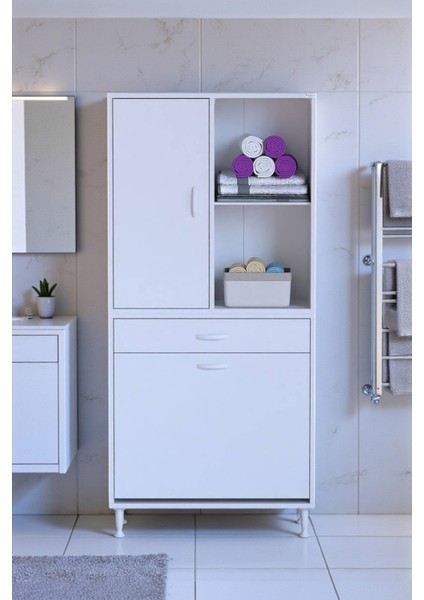 Liora Beyaz Çok Amaçlı Banyo Dolabı 70 cm Genişliğe Sahip 70X171X32,5 cm Çift Sepetli 2 Raflı Dolap