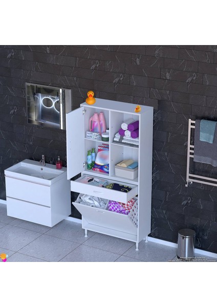 Liora Beyaz Çok Amaçlı Banyo Dolabı 70 cm Genişliğe Sahip 70X171X32,5 cm Çift Sepetli 2 Raflı Dolap indirimleri