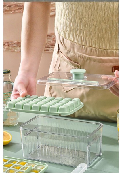 56'lı Basmalı Mekanizmalı Buz Kalıbı Buzluk Hazneli Saklama Kutusu Şeffaf Kapaklı