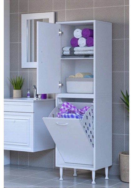 Miretta Üst Bölme Kapaklı Altı Kirli Sepetli Dolap 50 cm Genişlik Beyaz 50X138X32,5 cm Dolap