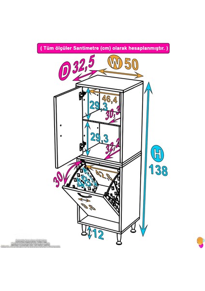 Miretta Üst Bölme Kapaklı Altı Kirli Sepetli Dolap 50 cm Genişlik Beyaz 50X138X32,5 cm Dolap fiyatları