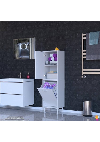 Miretta Üst Bölme Kapaklı Altı Kirli Sepetli Dolap 50 cm Genişlik Beyaz 50X138X32,5 cm Dolap modelleri
