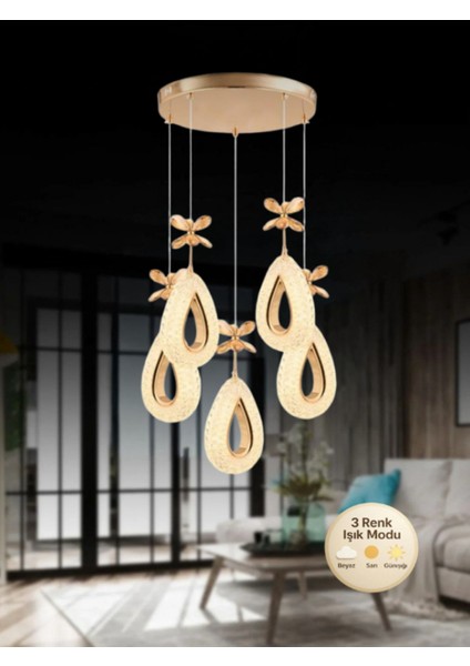 5'li Gold Renkli Kristal Taşlı Modern Ledli Oturma ve Mutfak Avizesi