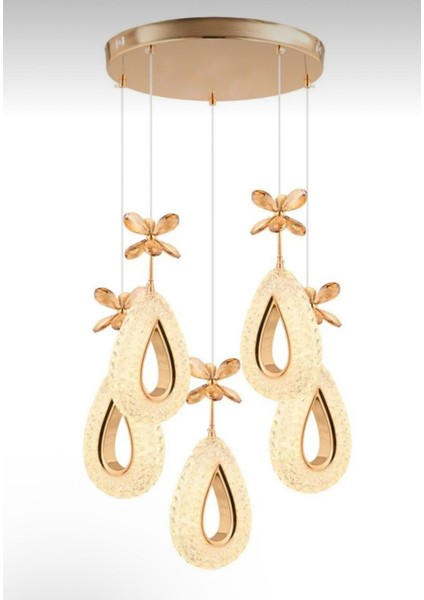 5'li Gold Renkli Kristal Taşlı Modern Ledli Oturma ve Mutfak Avizesi fiyatları