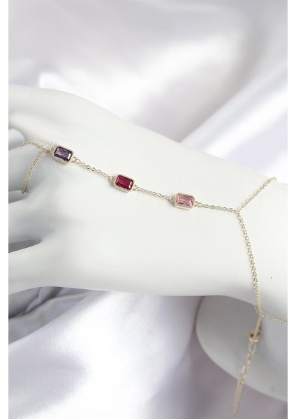 Pirinç Renkli Zirkon Taşlı Dikdörtgen Model Gold Renk Kadın Şahmeran