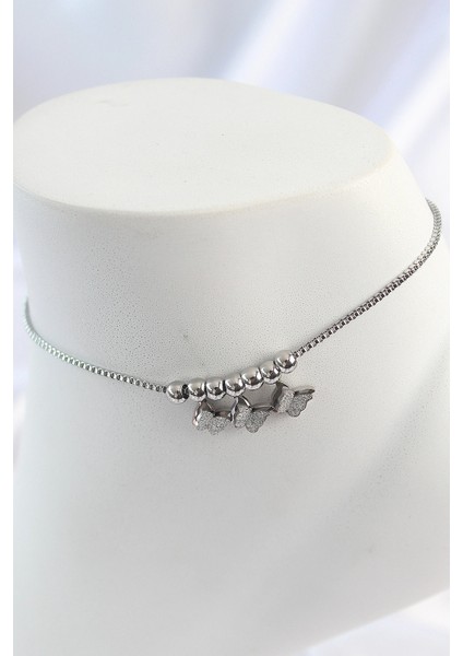 316L Çelik Gümüş Renk Simli Kelebek Model Kadın Halhal