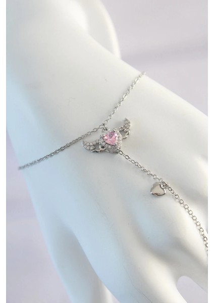 316L Çelik Gümüş Renk Pembe Zirkon Taşlı Kanatlı Kalp Model Şahmeran fiyatları