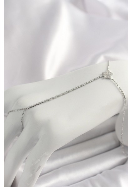 Pirinç Gümüş Renk Su Yolu Zirkon Taşlı Yıldız Model Kadın Şahmeran