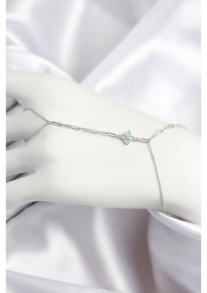 Pirinç Zirkon Taşlı Mavi Boncuklu Yonca Model Gümüş Renk Şahmeran