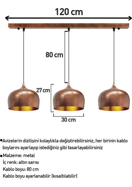 Bakır Rengi Modern Üçlü Avize, Restoran, Kafe, Otel ve Salon Dekoru fiyatları