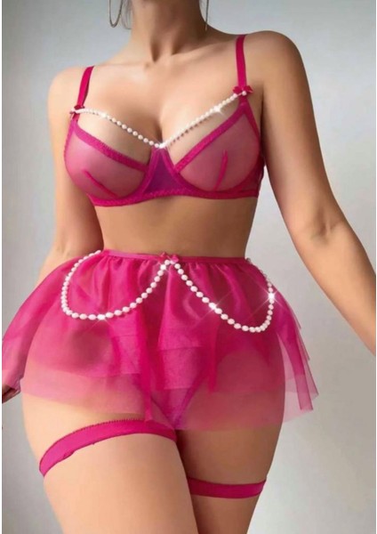 Fantezi Pembe Inci Detaylı Şık Gecelik Takım – Transparan Tül Etekli – Ayarlanabilir Askılı