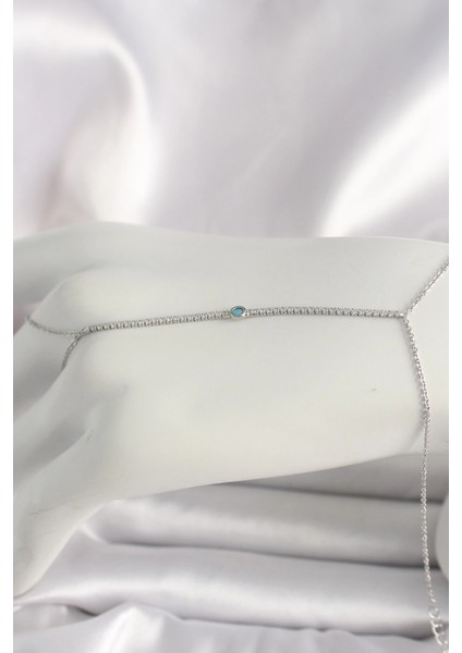 Pirinç Gümüş Renk Su Yolu Zirkon Taşlı Mavi Taş Detaylı Kadın Şahmeran