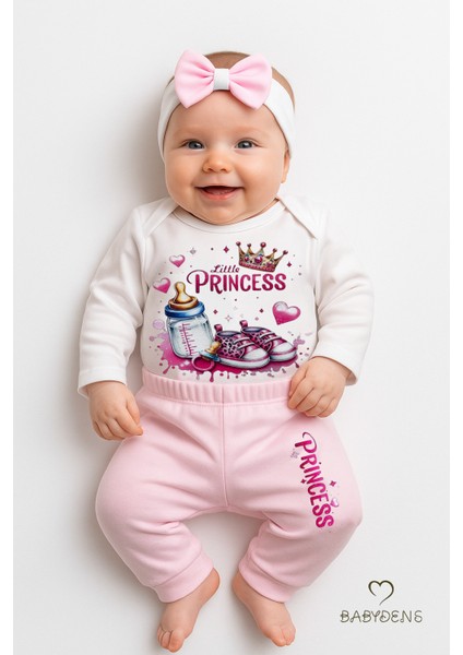 Little Princess 3’lü Kız Bebek Takımı Uzun Kollu Pamuklu Body,pembe Pantolon ve Fiyonk Bandana Seti