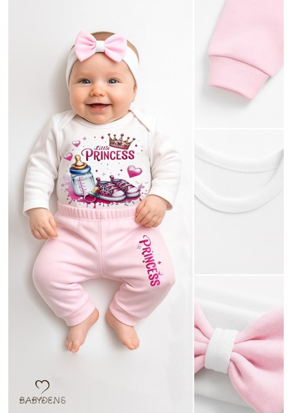 Little Princess 3’lü Kız Bebek Takımı Uzun Kollu Pamuklu Body,pembe Pantolon ve Fiyonk Bandana Seti fırsatları