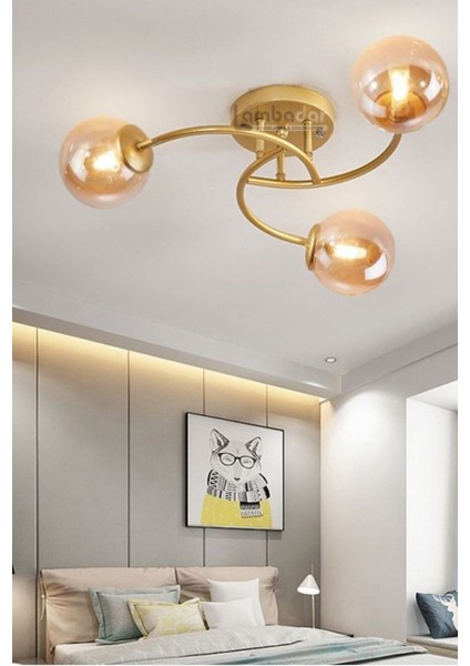 Modern Gold Bal Camlı Üçlü Plafonyer Avize, Şık ve Zarif Aydınlatma