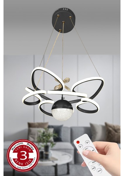 Modern 3 Renk Kelebekli Saray LED Avize, Kumandalı, Siyah Kasa, Büyük Boy