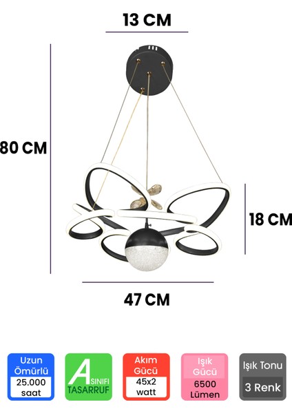 Modern 3 Renk Kelebekli Saray LED Avize, Kumandalı, Siyah Kasa, Büyük Boy fiyatları