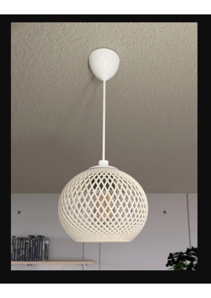 Krem Renkli Hasır Sarkıt Avize, Beyaz Askılı Tekli Tasarım