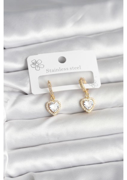 Pirinç Gold Renk Zirkon Taşlı Kalp Model Kadın Küpe - TJ-BKP11394