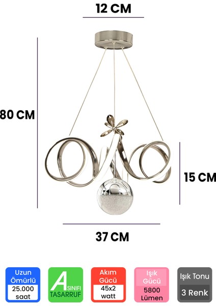 3 Renk Toplu Krom Gümüş Dimmerli LED Avize, Şık ve Modern Aydınlatma fiyatları