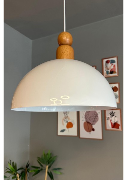 Beyaz Ahşap Boncuklu Sarkıt Avize, Şık ve Zarif Salon Aydınlatması