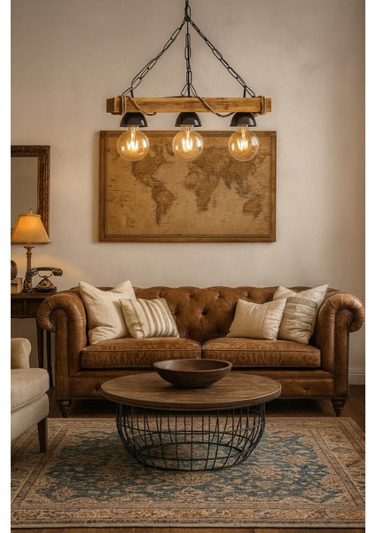 El Yapımı Ahşap 3'lü Şapkalı Rustik Halatlı Dekor Seti