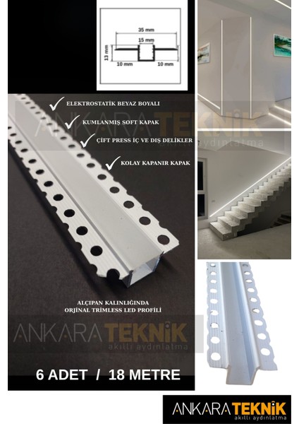 Gömme LED Kanalı 18M, Beyaz Sıva Altı ve Ankastre LED Kanalı Seti