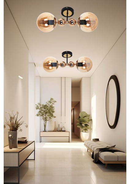 Şık Siyah Gold 2 Bal Camlı Plafonyer Avize Takımı