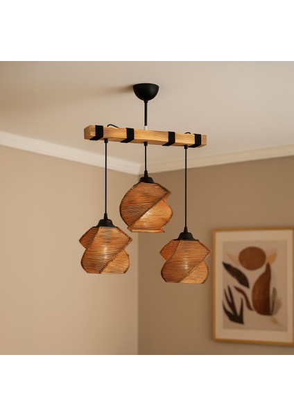 Şık 3'lü Ahşap Avize, Modern ve Sıcak Tasarım, Evinize Zarafet Katacak