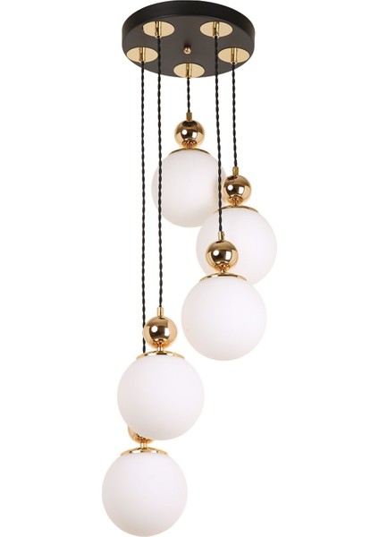 Şık 5'li Siyah, Gold ve Beyaz Camlı Sarkıt Avize Seti