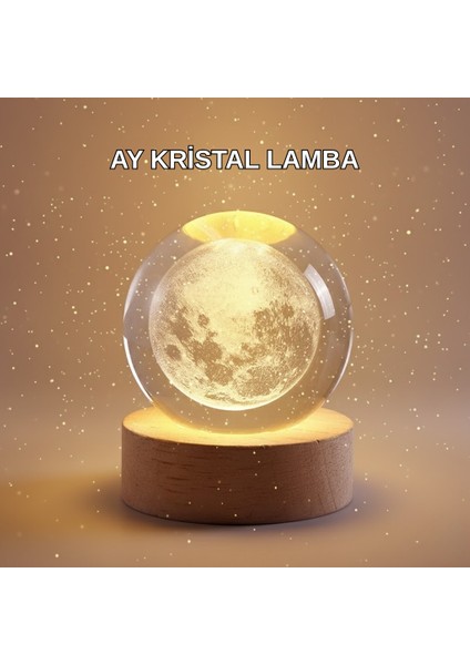 8 cm Ay Desenli Kristal Küre Sıcak LED Işıklı Ahşap Tabanlı Oda Lambası