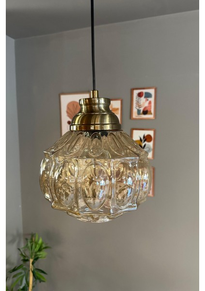 Şila Cam Bal Rengi Tekli Avize, Retro Sarkıt Lamba, Salon Aydınlatması