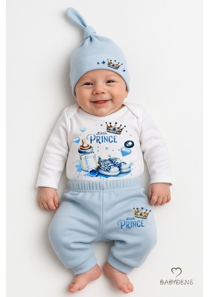 Little Prince 3’lü Erkek Bebek Takımı – Uzun Kollu %100 Pamuk Body, Pantolon ve Şapka Seti Mavi