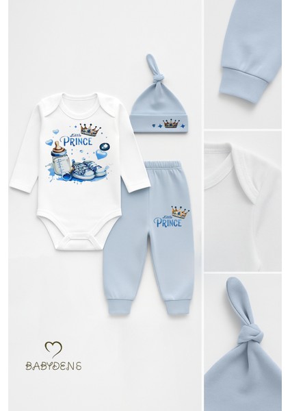 Little Prince 3’lü Erkek Bebek Takımı – Uzun Kollu %100 Pamuk Body, Pantolon ve Şapka Seti Mavi modelleri