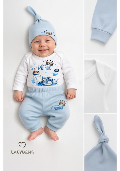 Little Prince 3’lü Erkek Bebek Takımı – Uzun Kollu %100 Pamuk Body, Pantolon ve Şapka Seti Mavi fırsatları
