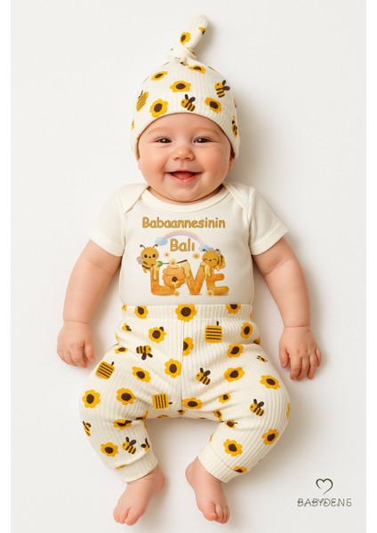 3’lü Yenidoğan Takım“babaannesinin Balı”baskı Kısa Kol Body Arı Çiçek Desenli Ribana Pantolon Bere