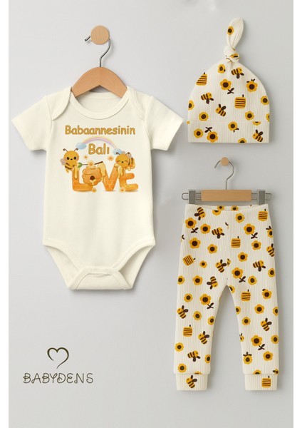 3’lü Yenidoğan Takım“babaannesinin Balı”baskı Kısa Kol Body Arı Çiçek Desenli Ribana Pantolon Bere fiyatları